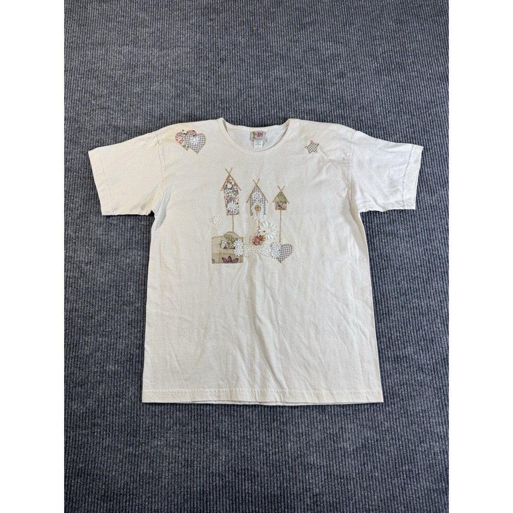 Grandmacore Cottagecore Women's Embroidered Appliqué Birdhouse T-Shirt Size L